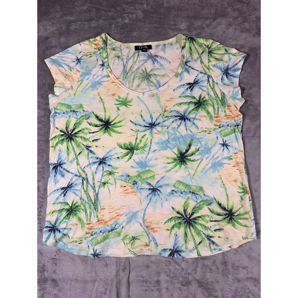 Chaps Denim Womens Large Tropical Palm Tree Print Scoop Neck Short Sleeve Top